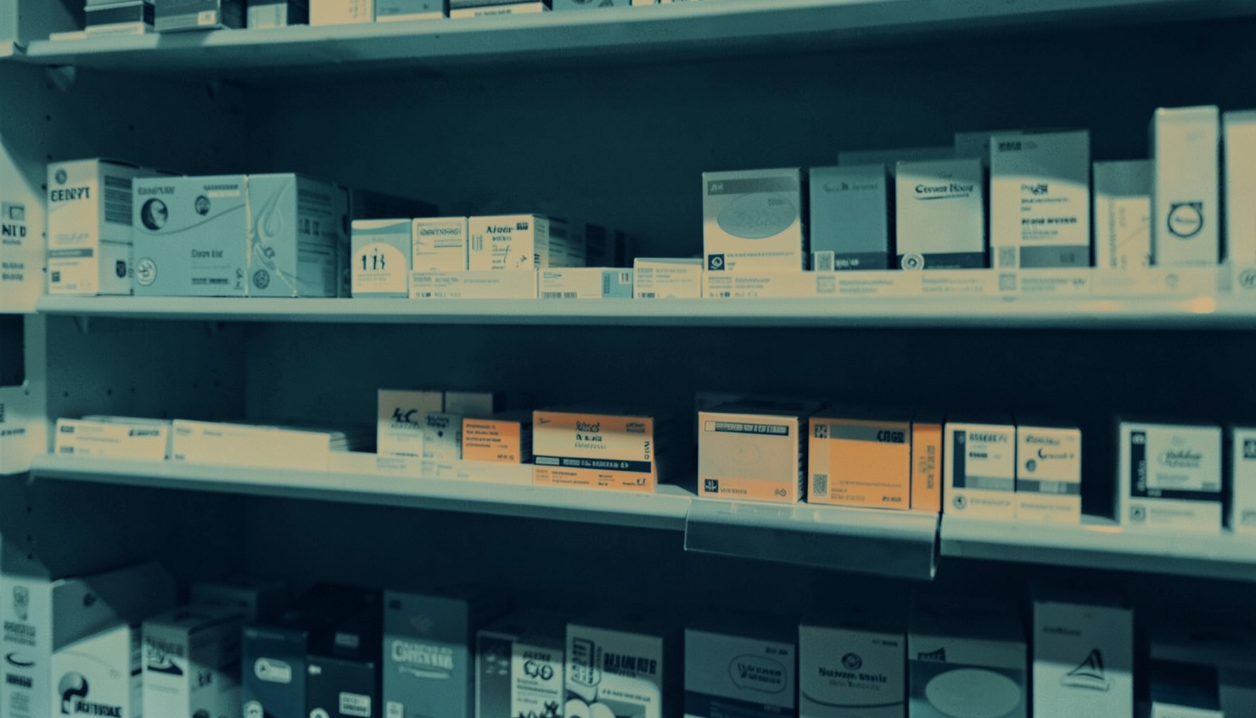 Soft duotone photograph in muted teal and navy tones of a calm, organized pharmacy shelf with prescription packaging