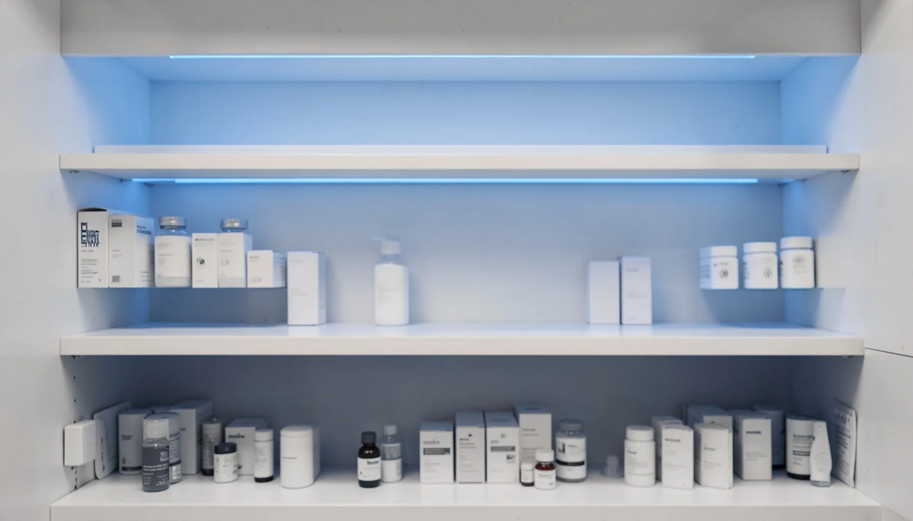 Clean white pharmacy shelf with soft blue accent lighting and a calm, orderly atmosphere